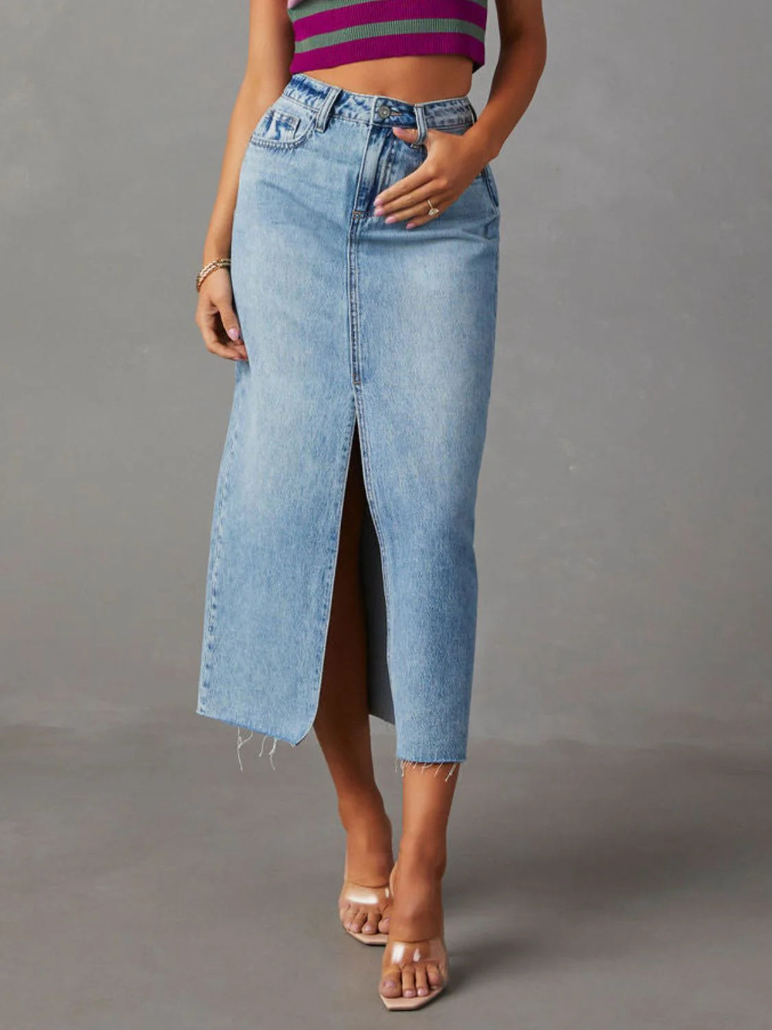 Ameloria Raw Hem Denim Midi Skirt