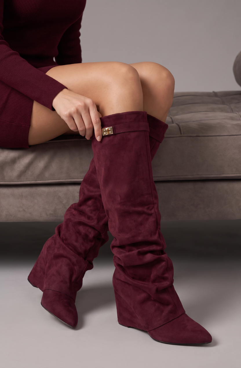 Valora Women's Knee-High Suede Boots, Block Heel Boots – Burgundy
