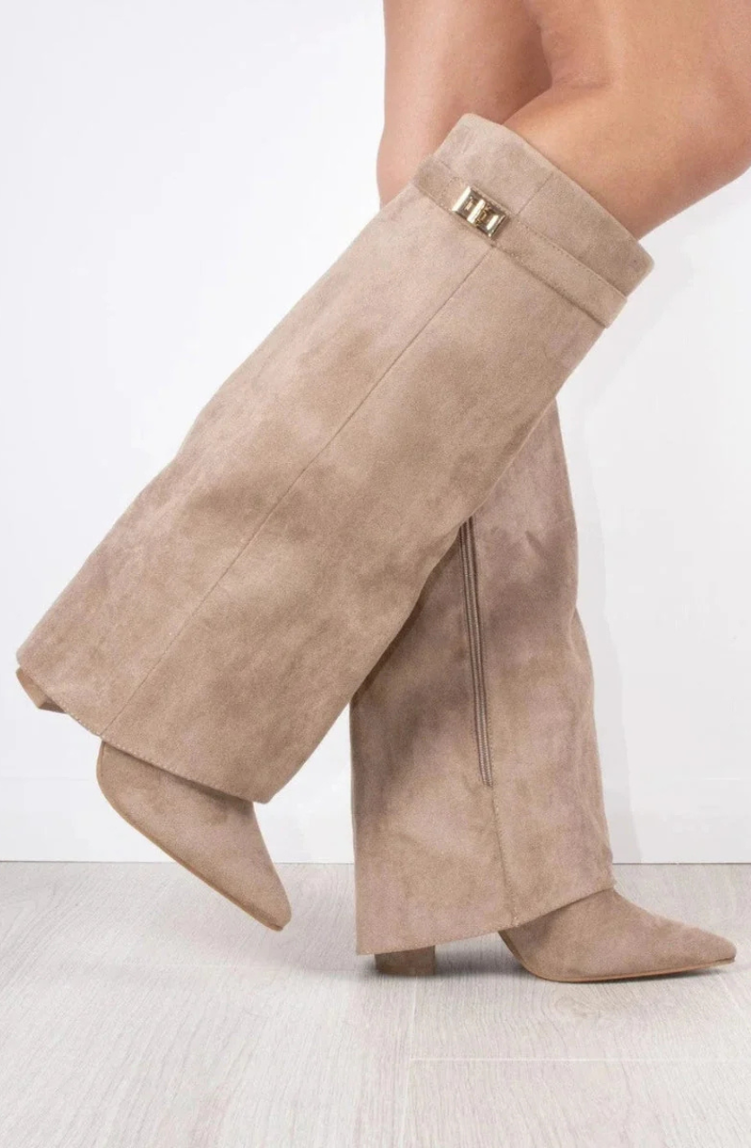 Valora Women's Knee-High Suede Boots, Block Heel Boots – Beige