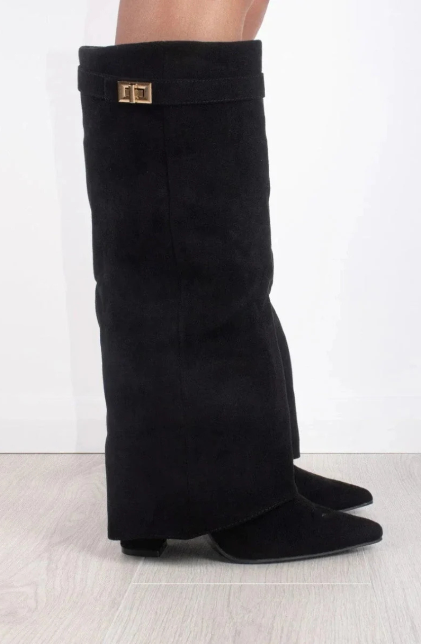 Valora Women's Knee-High Suede Boots, Block Heel Boots – Black