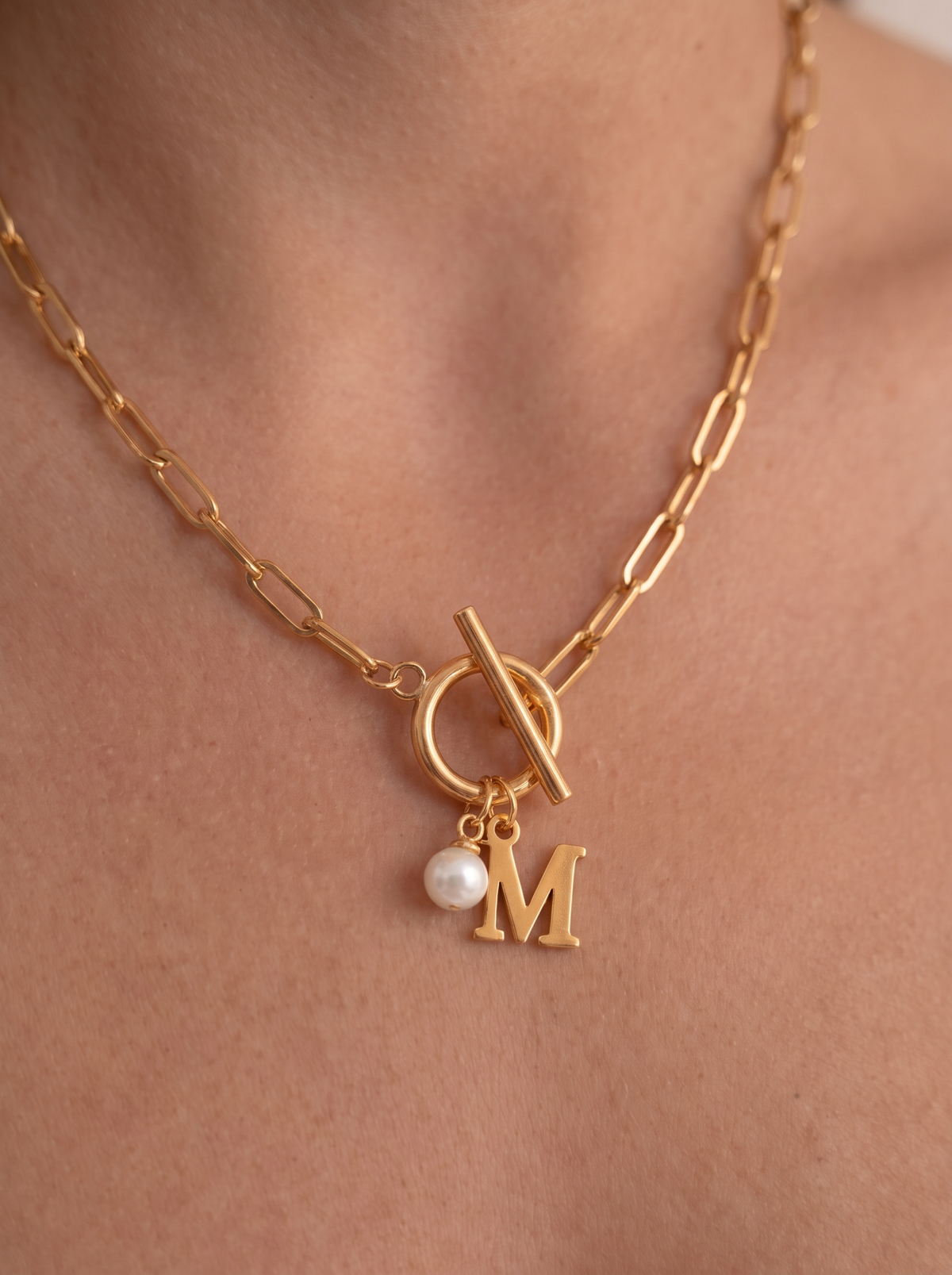 Fleur Women's Custom Paperclip Charm Necklace, Toggle Initial Necklace