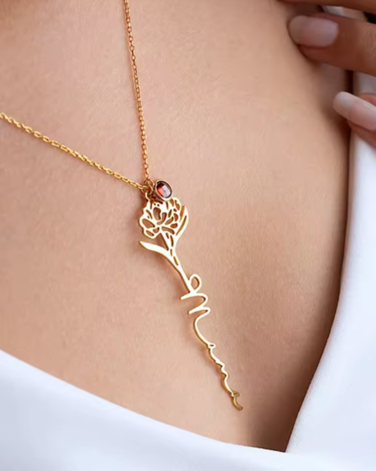 Fabienne Women's Custom Birth Flower Necklace, Gold Name Necklace