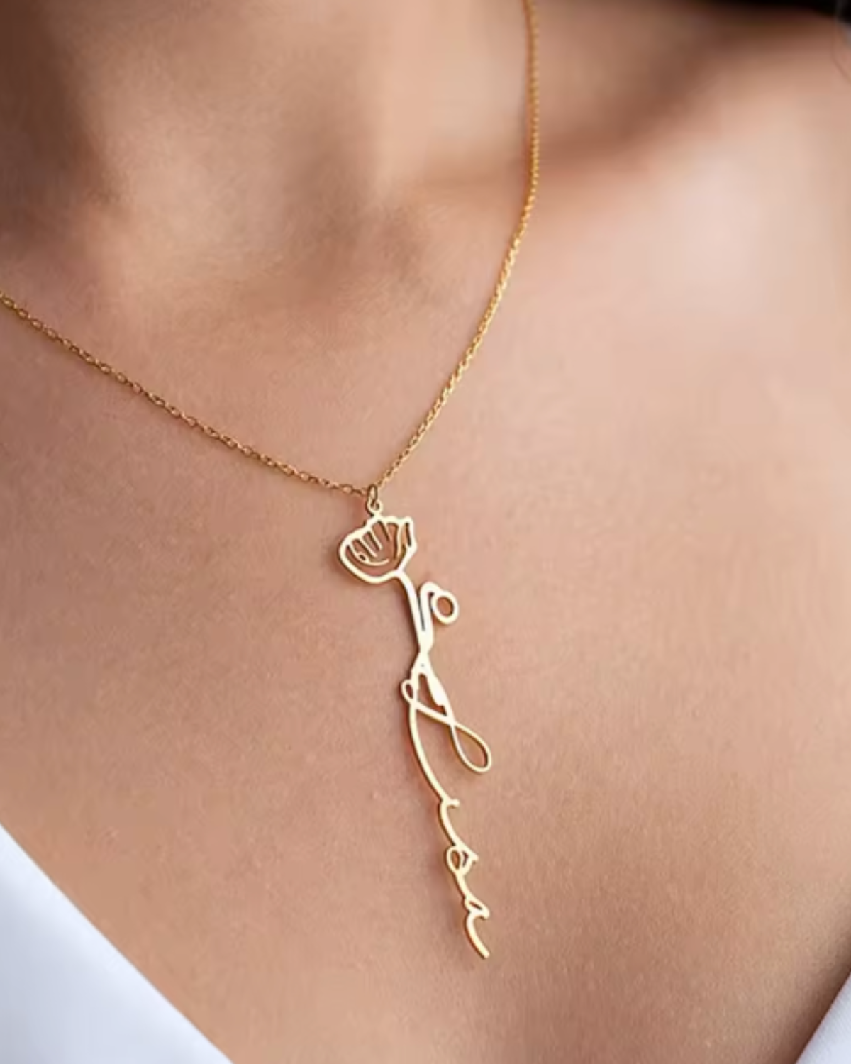 Fabienne Women's Custom Birth Flower Necklace, Gold Name Necklace