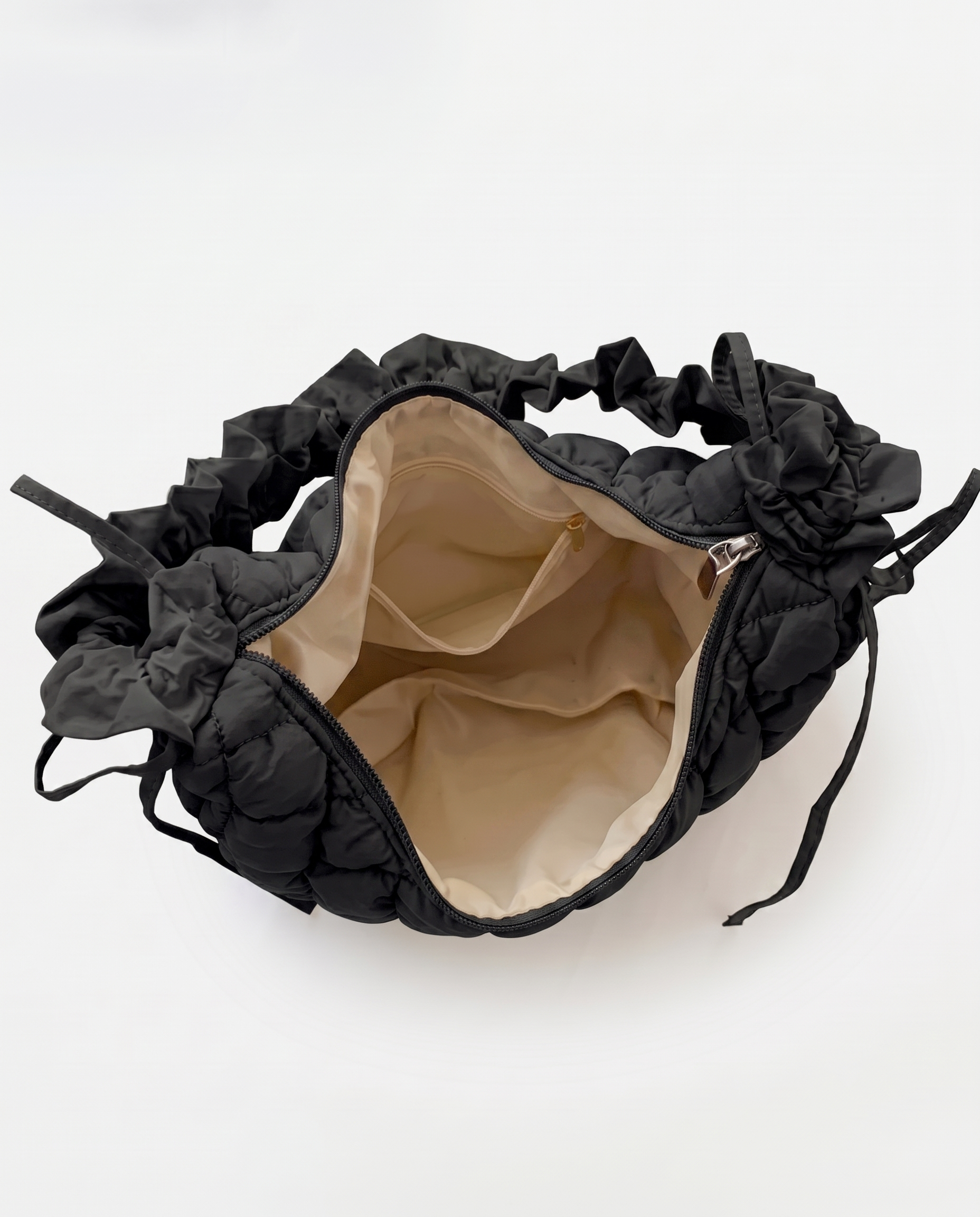 Rosalie Ruffle Quilted Hobo Shoulder Bag - Black