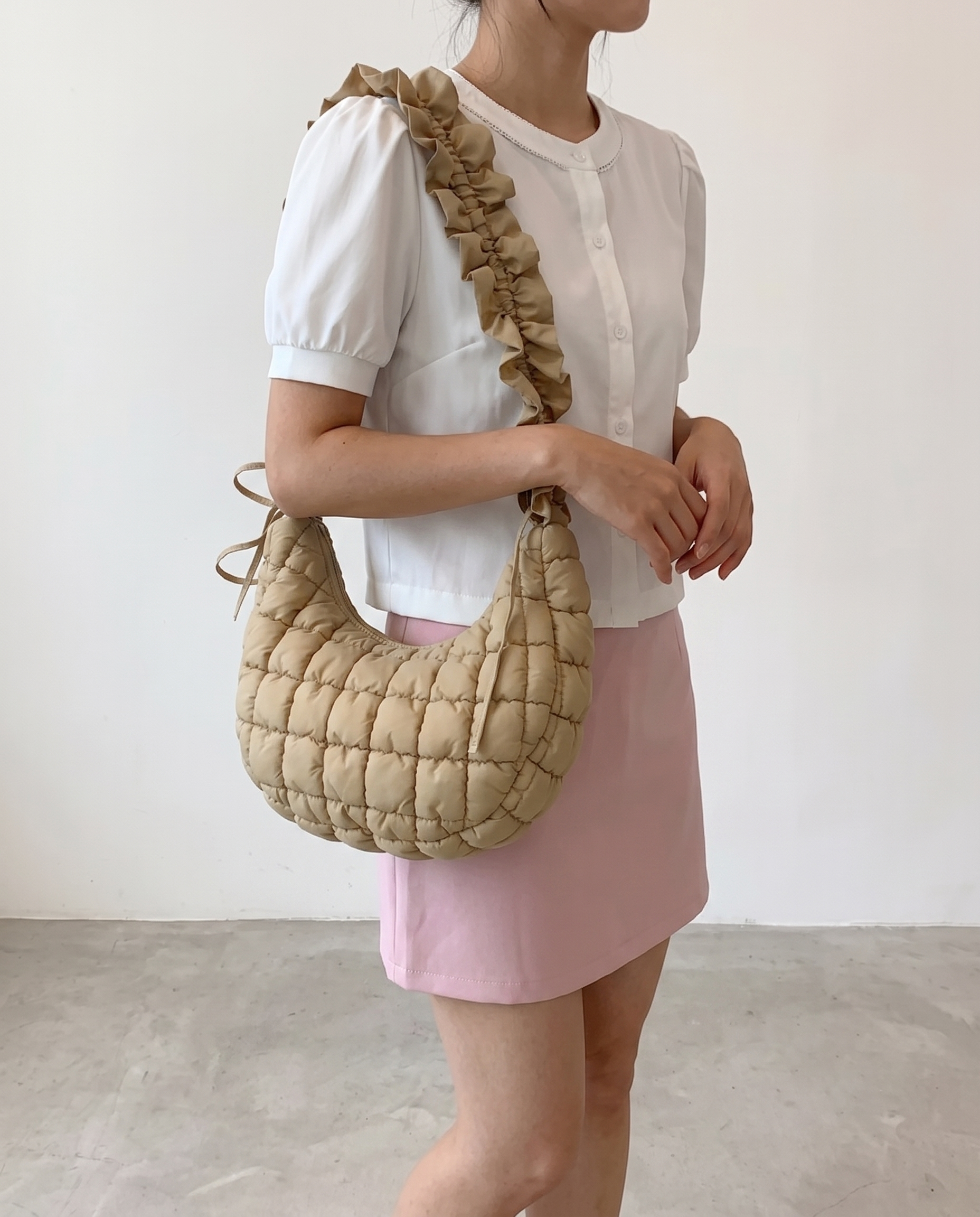 Rosalie Ruffle Quilted Hobo Shoulder Bag - Khaki