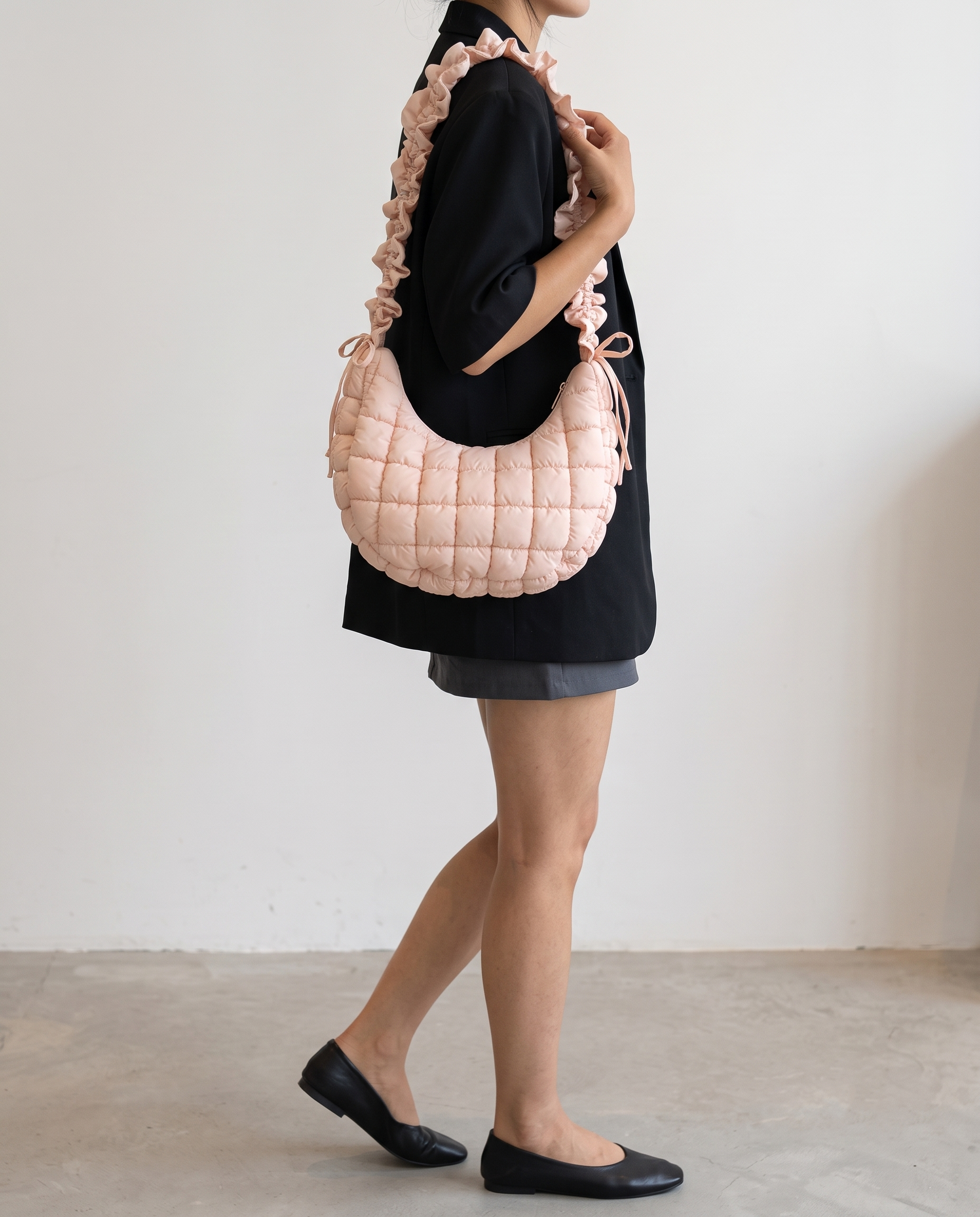 Rosalie Ruffle Quilted Hobo Shoulder Bag - Pink