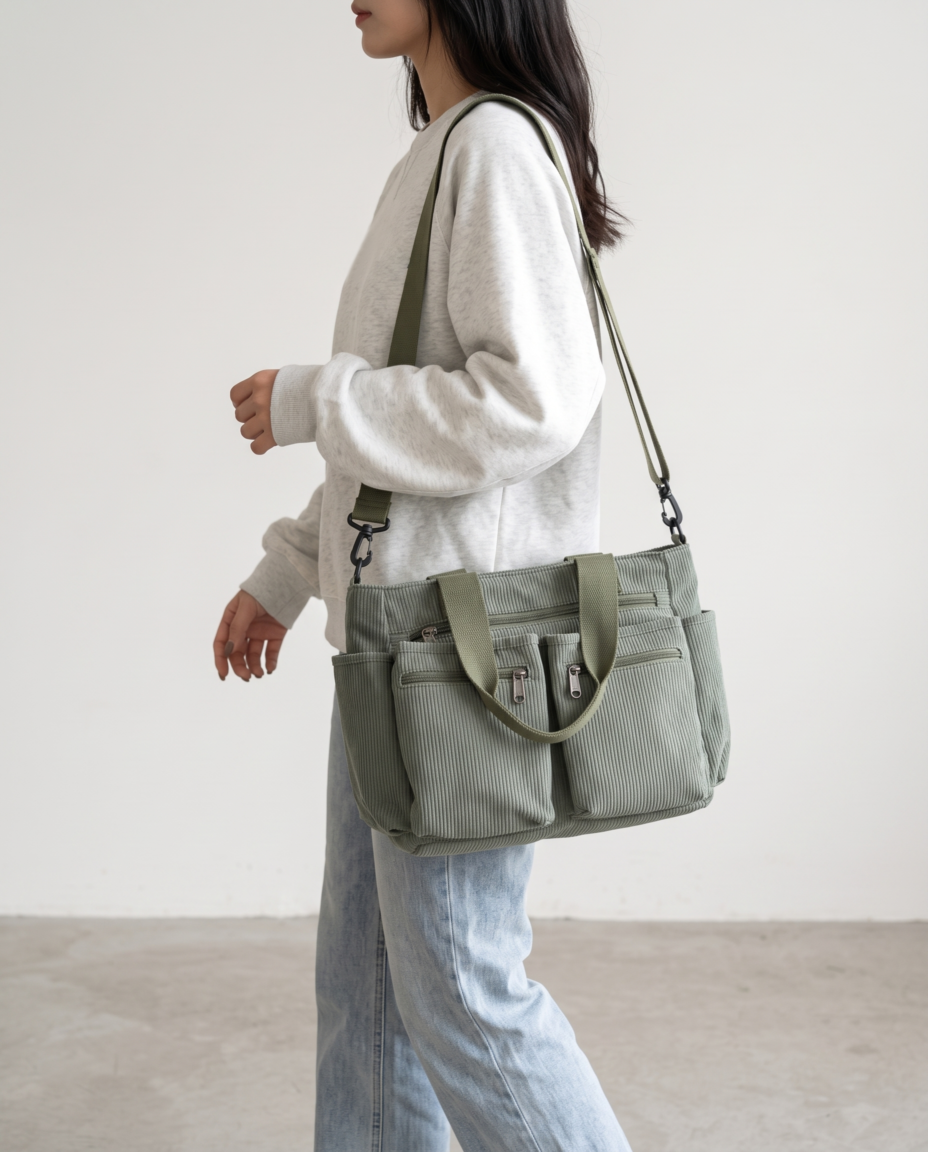 Griselda Corduroy Utility Tote Bag - Army Green