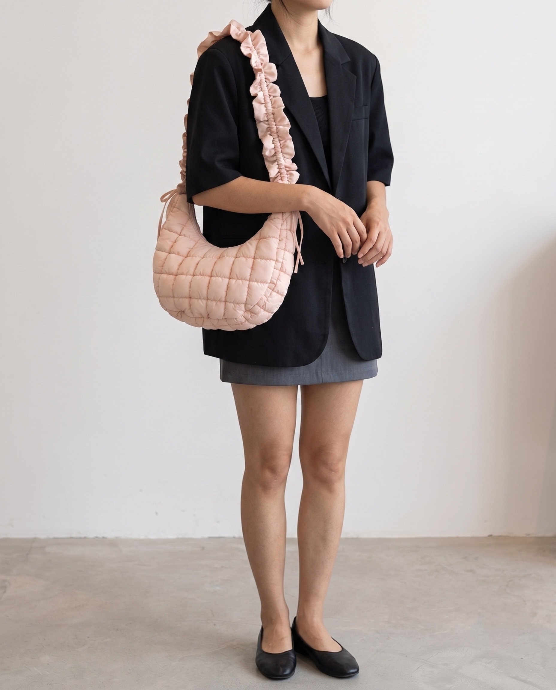 Rosalie Ruffle Quilted Hobo Shoulder Bag - Pink