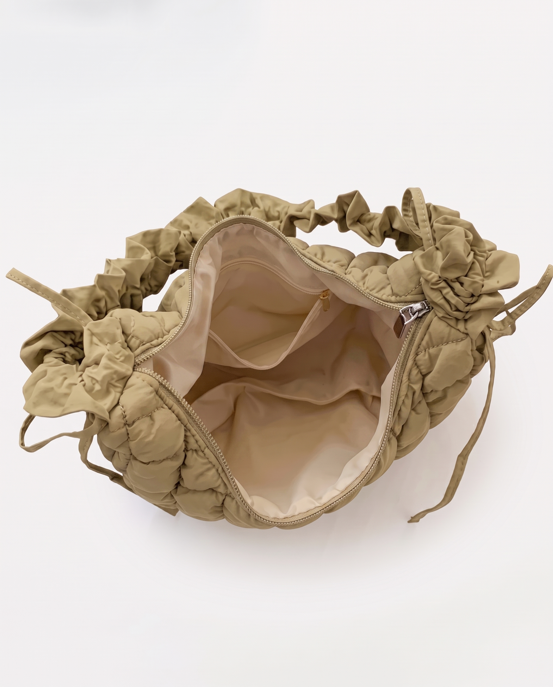 Rosalie Ruffle Quilted Hobo Shoulder Bag - Khaki