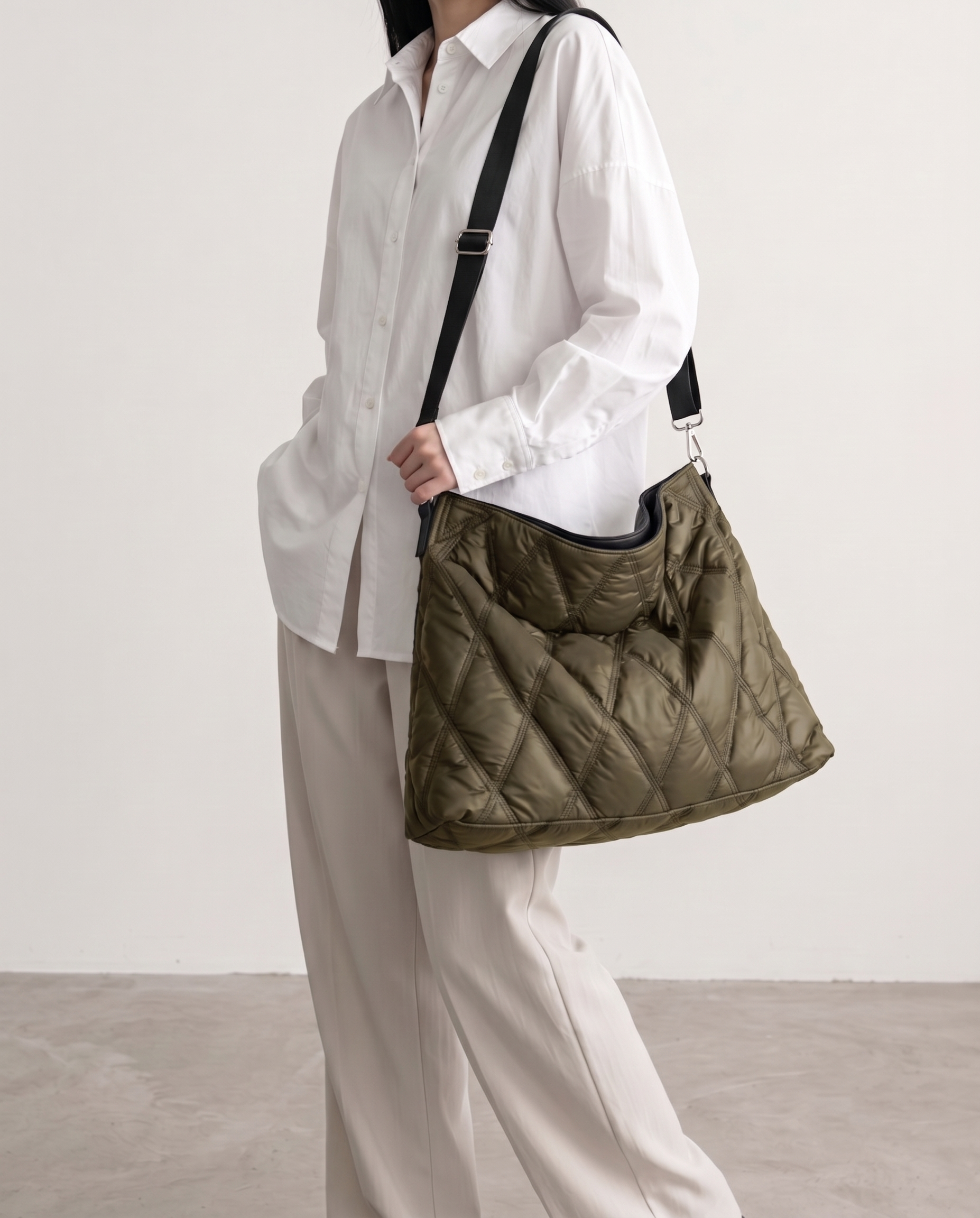 Bethan Large Quilted Tote Shoulder Bag - Army Green
