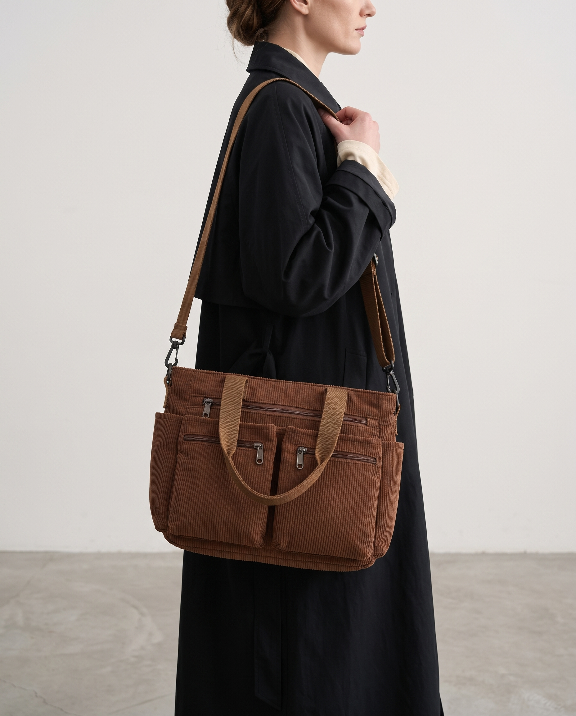 Griselda Corduroy Utility Tote Bag - Coffee
