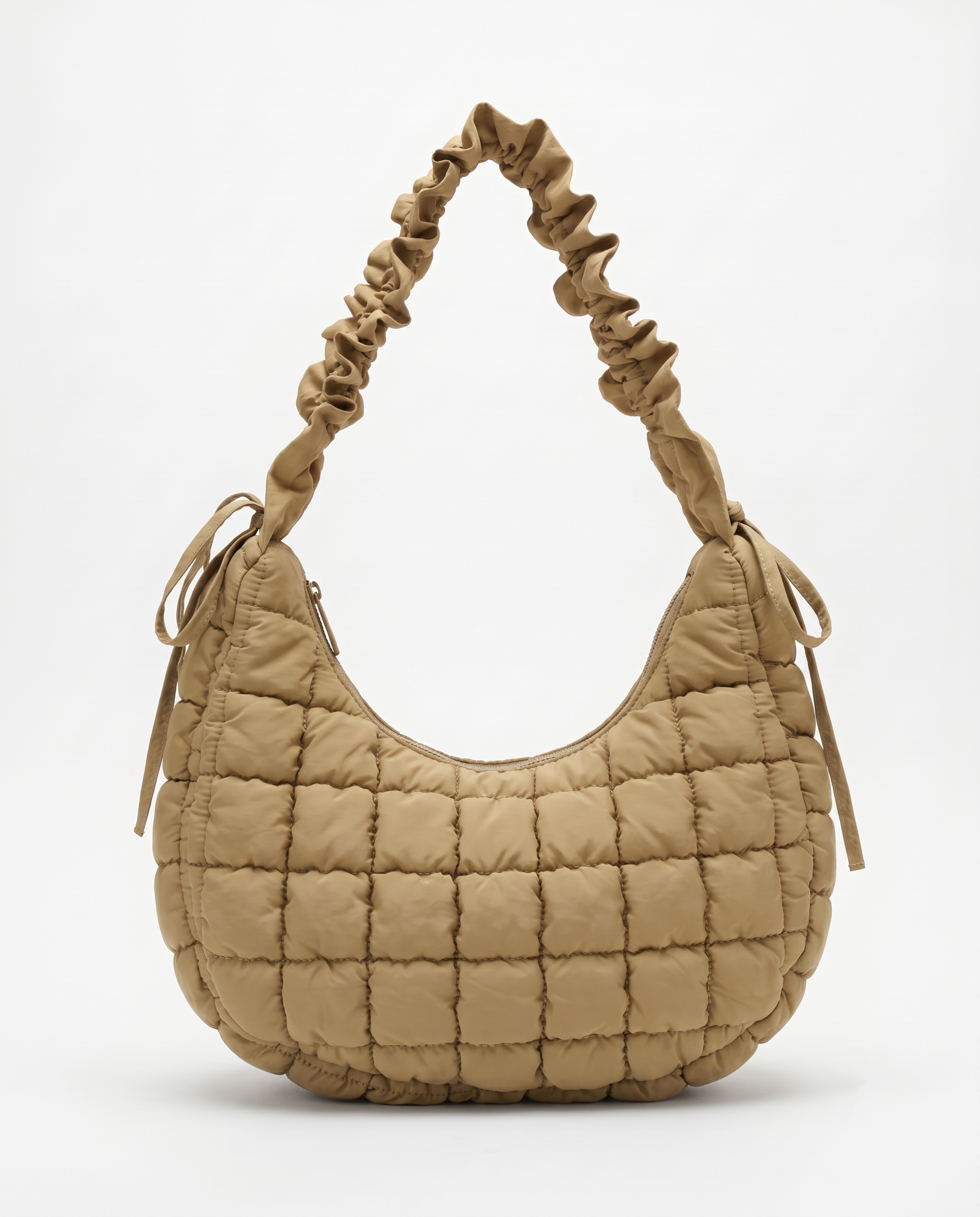 Rosalie Ruffle Quilted Hobo Shoulder Bag - Khaki