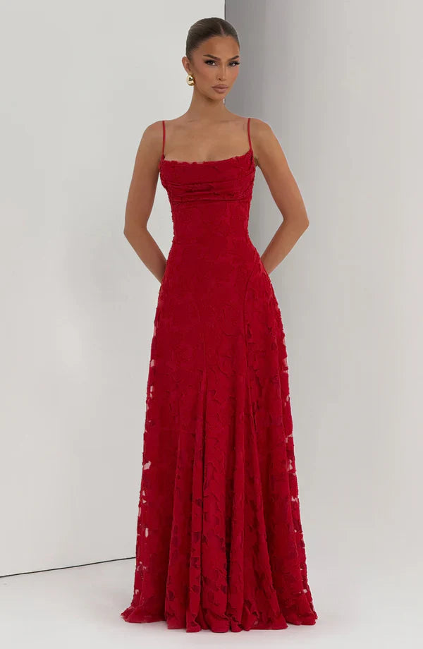 Delavie Open Back Lace Wedding Guest Maxi Dress