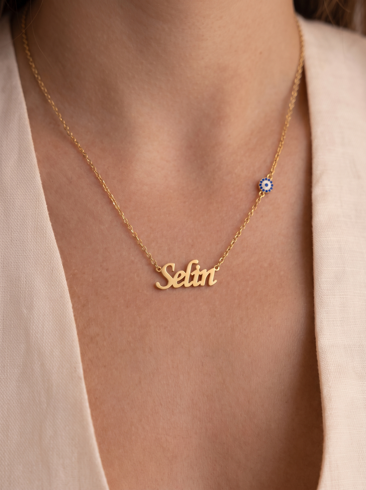 Evangeline Women's Custom Name Necklace with Evil Eye