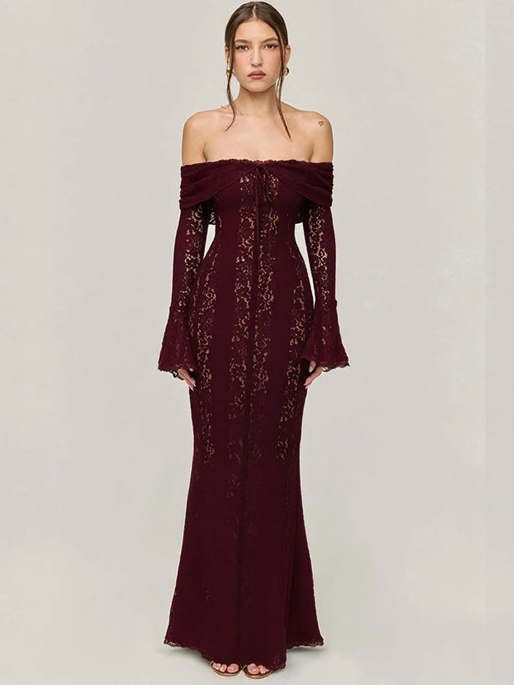 Valeria Off Shoulder Lace Wedding Guest Maxi Dress