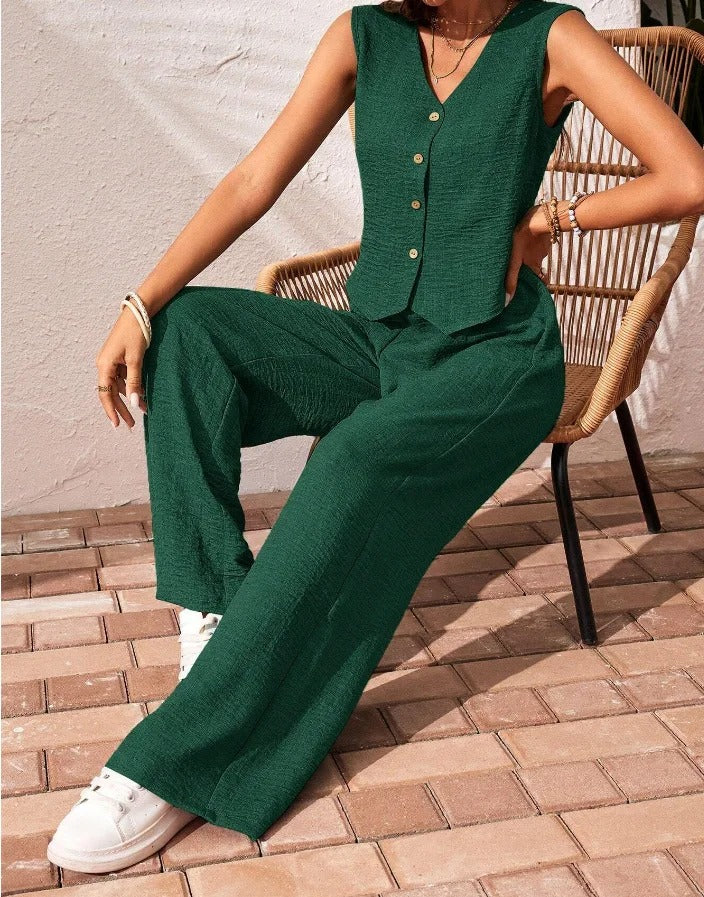 Serena Button Front Linen Vest & Wide Leg Co-Ord Set