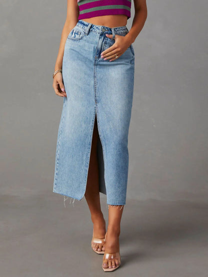 Ameloria Raw Hem Denim Midi Skirt
