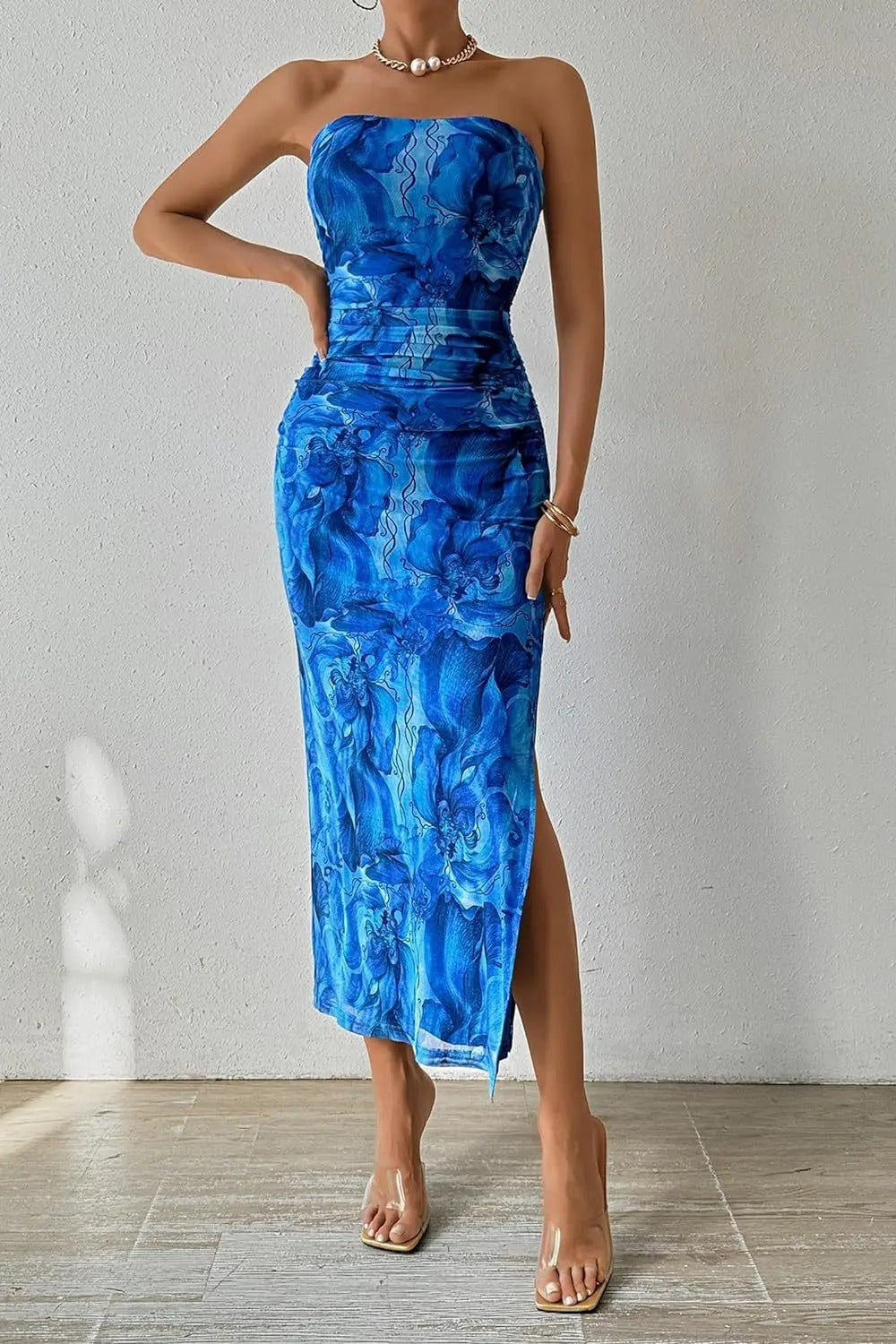 Renata Floral Strapless Wedding Guest Midi Dress