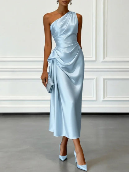 Celestia One Shoulder Satin Wedding Guest Midi Dress