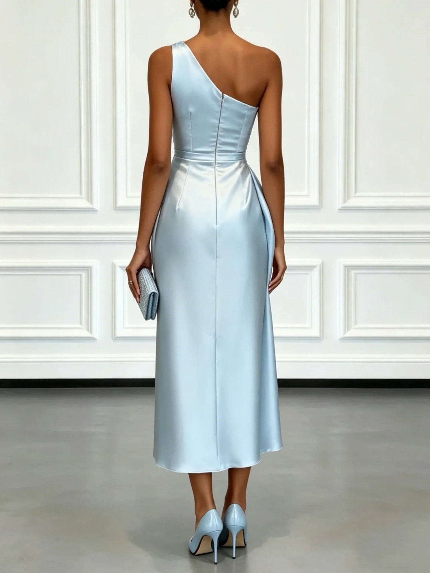 Celestia One Shoulder Satin Wedding Guest Midi Dress