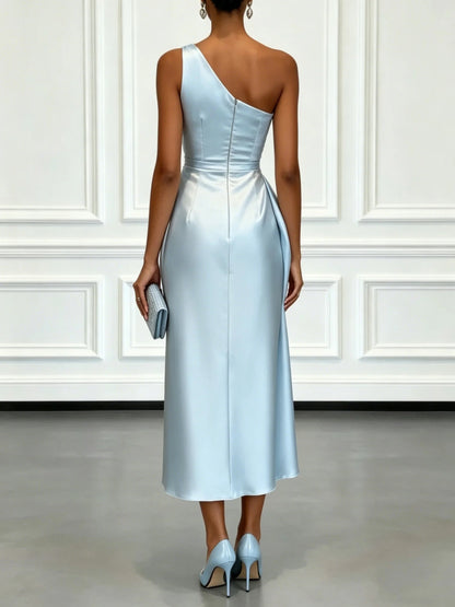 Celestia One Shoulder Satin Wedding Guest Midi Dress