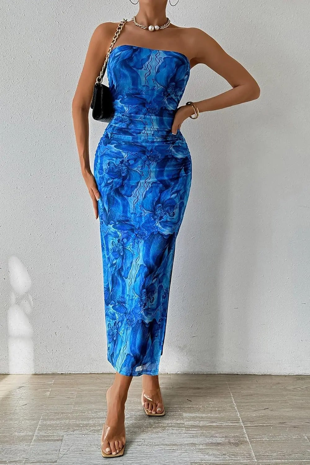 Renata Floral Strapless Wedding Guest Midi Dress