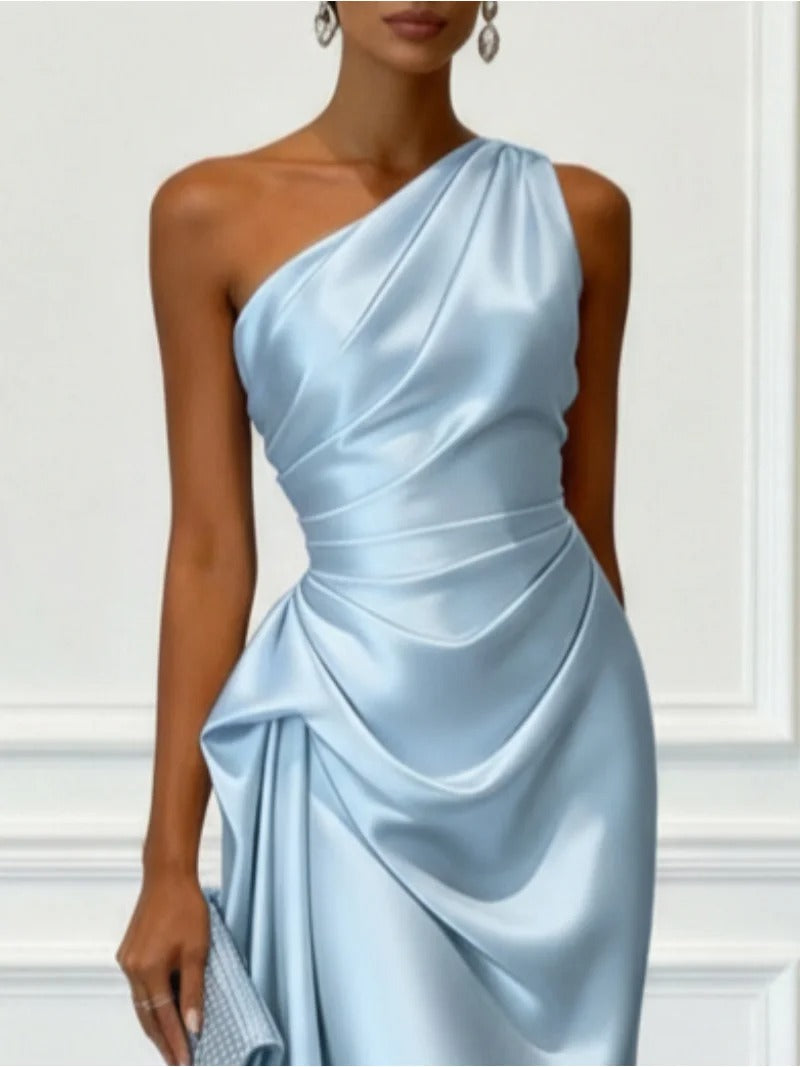 Celestia One Shoulder Satin Wedding Guest Midi Dress