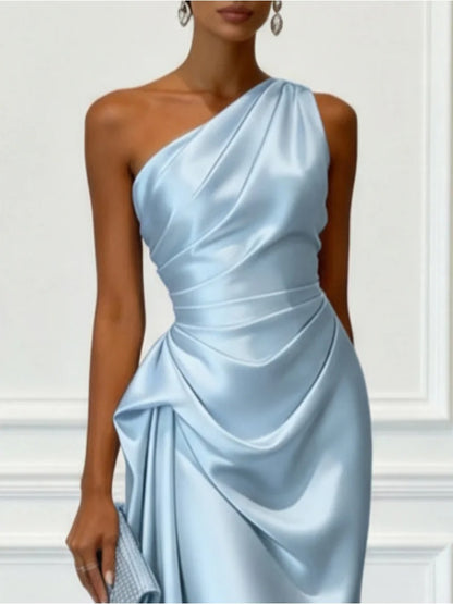 Celestia One Shoulder Satin Wedding Guest Midi Dress