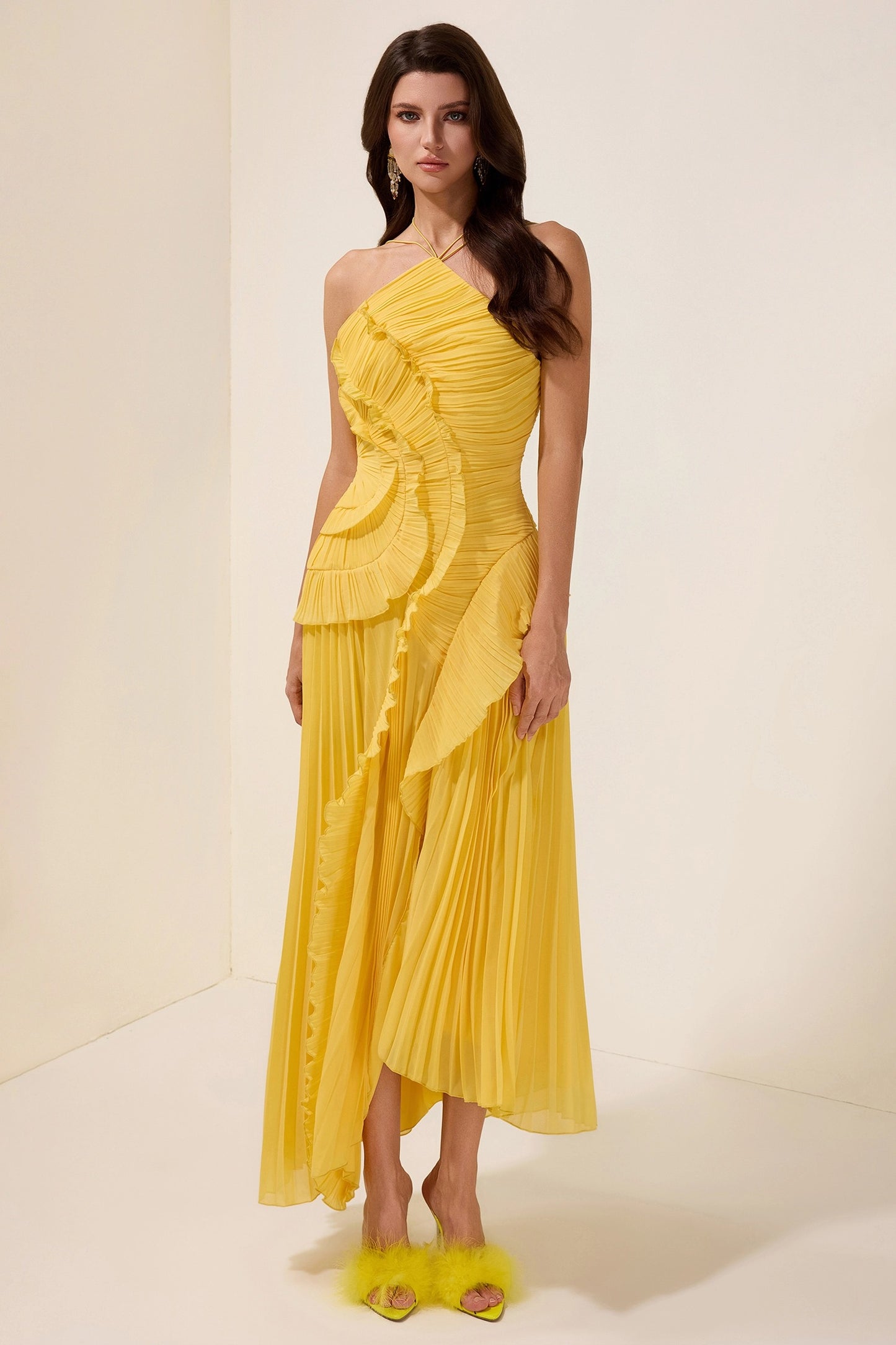 Isabelle Pleated Ruffle Halter Maxi Dress