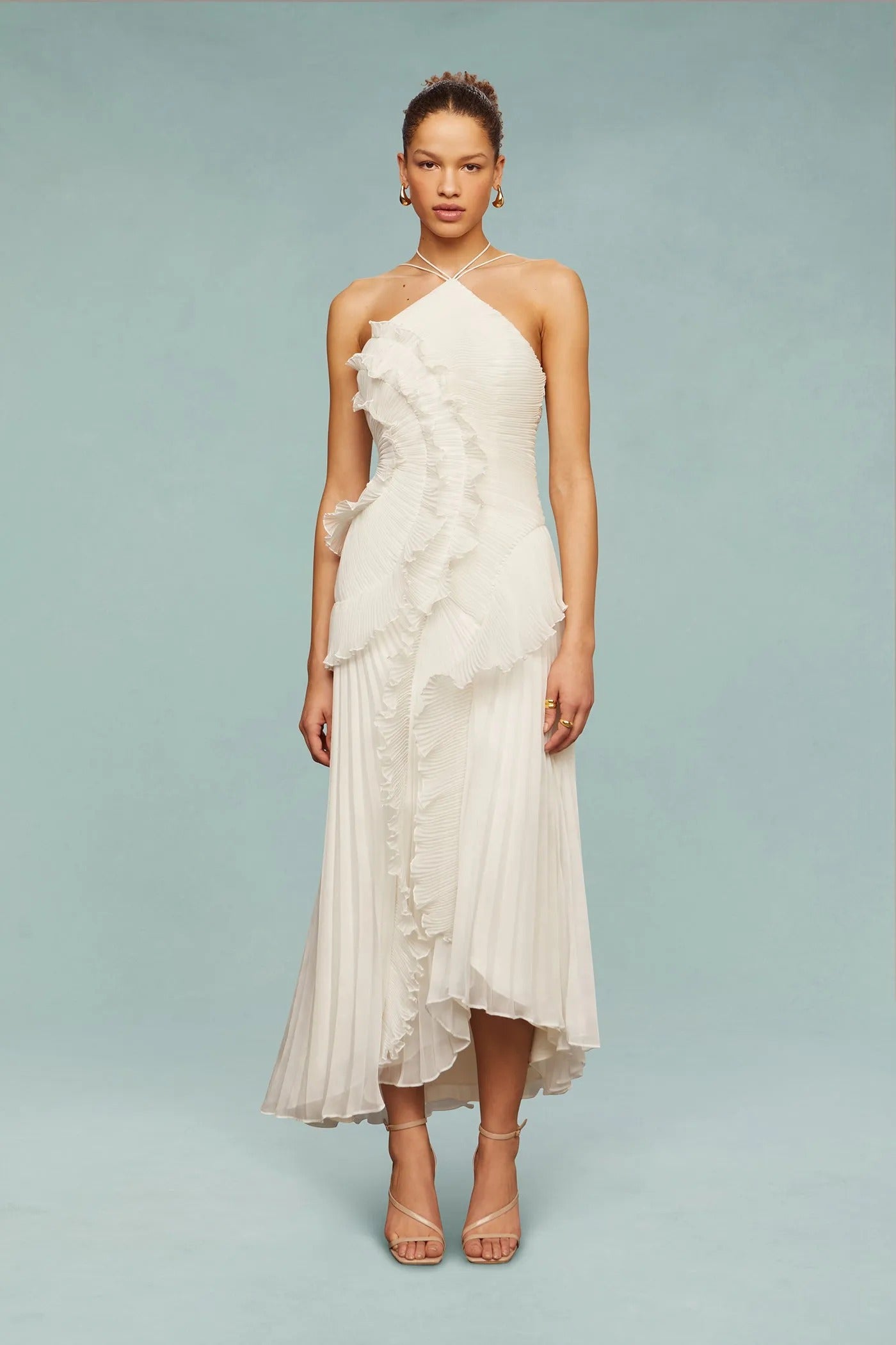 Isabelle Pleated Ruffle Halter Maxi Dress