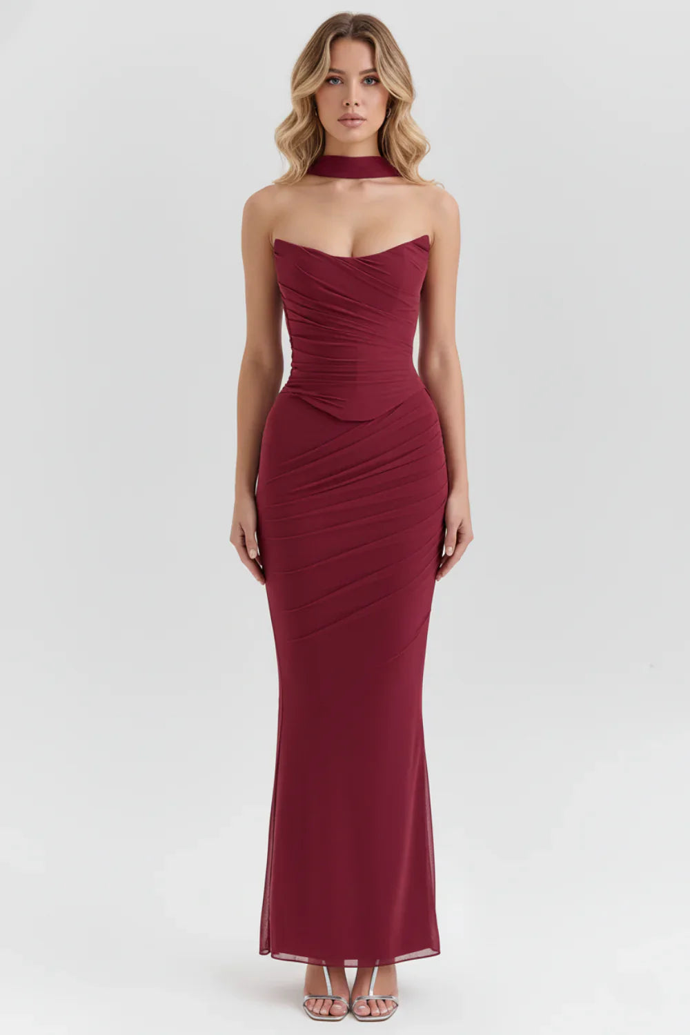 Uloria Strapless Ruched Wedding Guest Maxi Dress