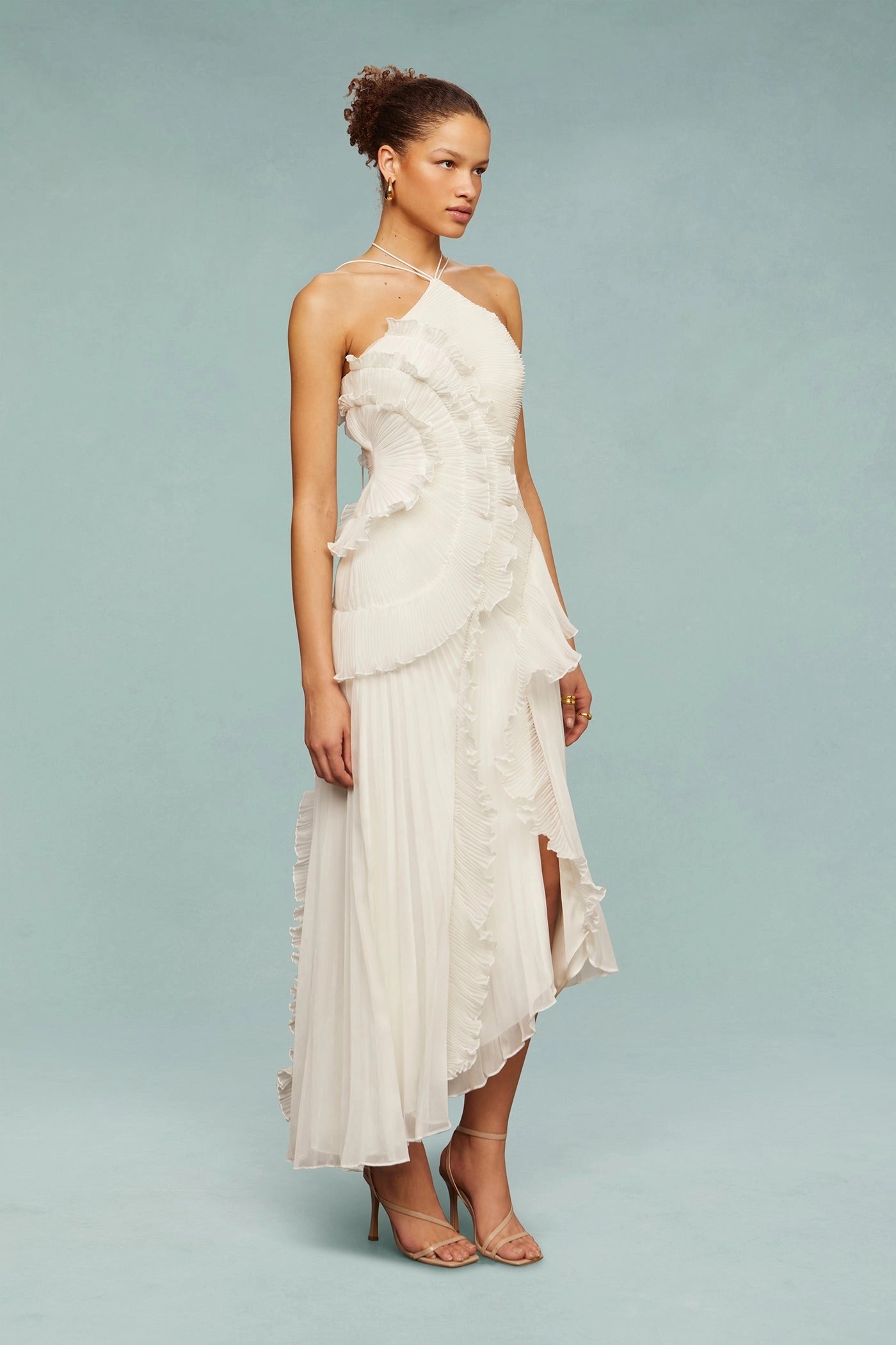 Isabelle Pleated Ruffle Halter Maxi Dress