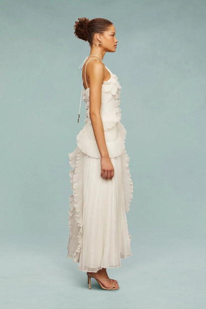 Isabelle Pleated Ruffle Halter Maxi Dress