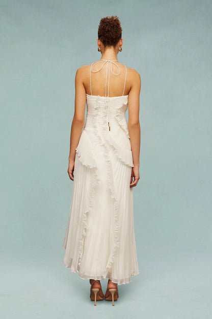 Isabelle Pleated Ruffle Halter Maxi Dress