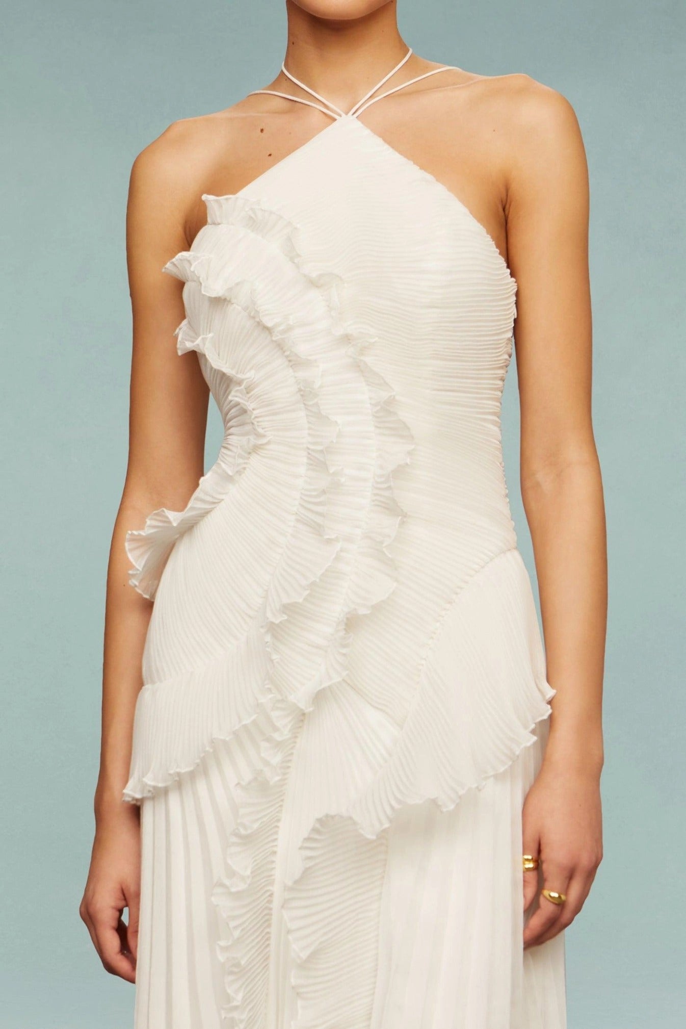 Isabelle Pleated Ruffle Halter Maxi Dress