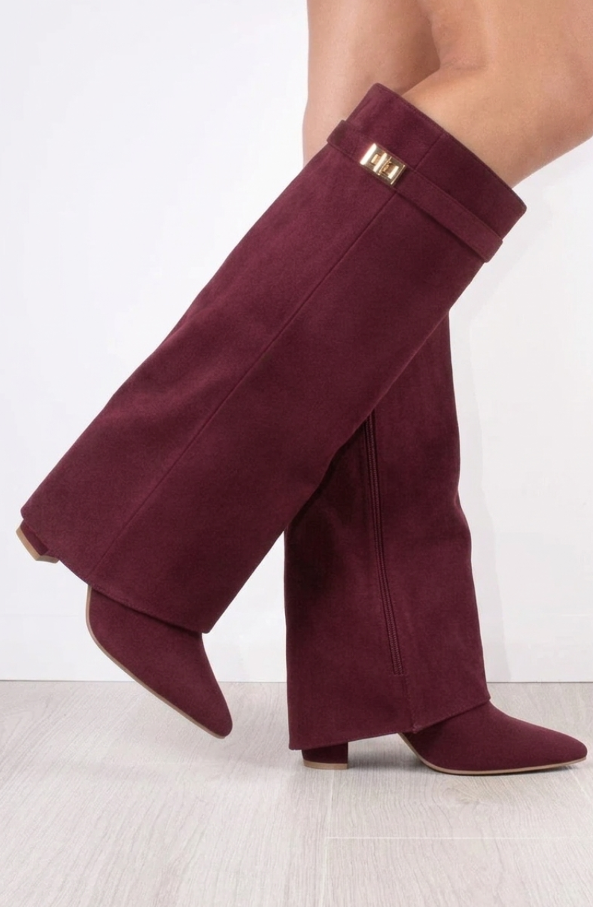 Valora Women's Knee-High Suede Boots, Block Heel Boots – Burgundy