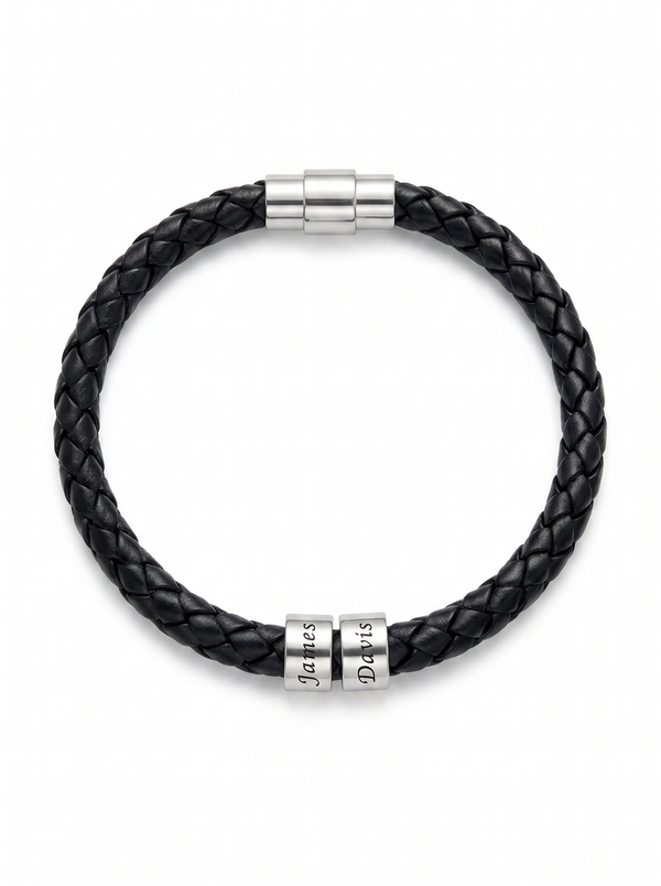 Suzette Women's Custom Engraved Leather Bracelet, Personalized Name Bead Bracelet