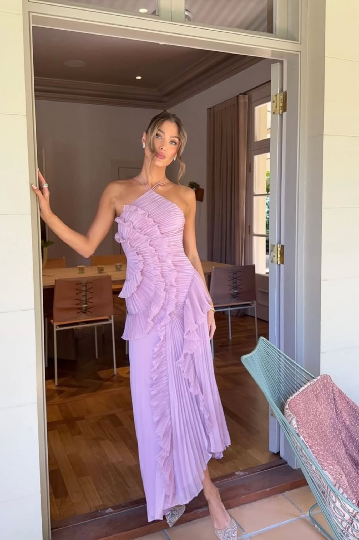Isabelle Pleated Ruffle Halter Maxi Dress