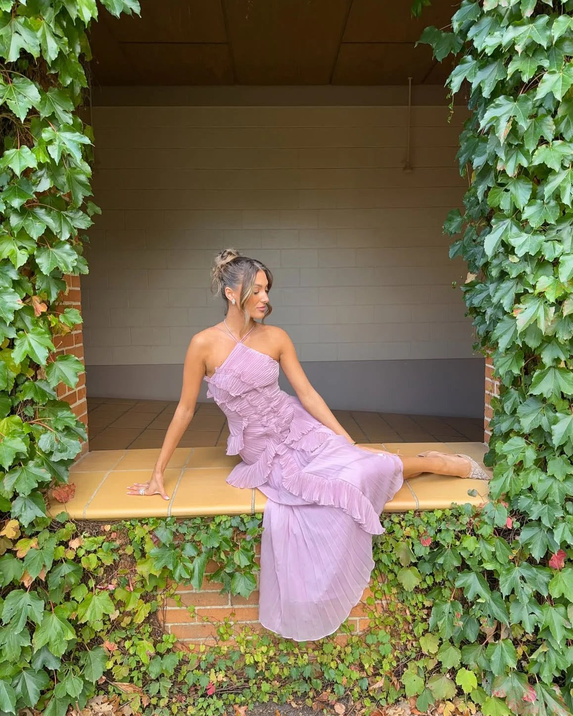 Isabelle Pleated Ruffle Halter Maxi Dress