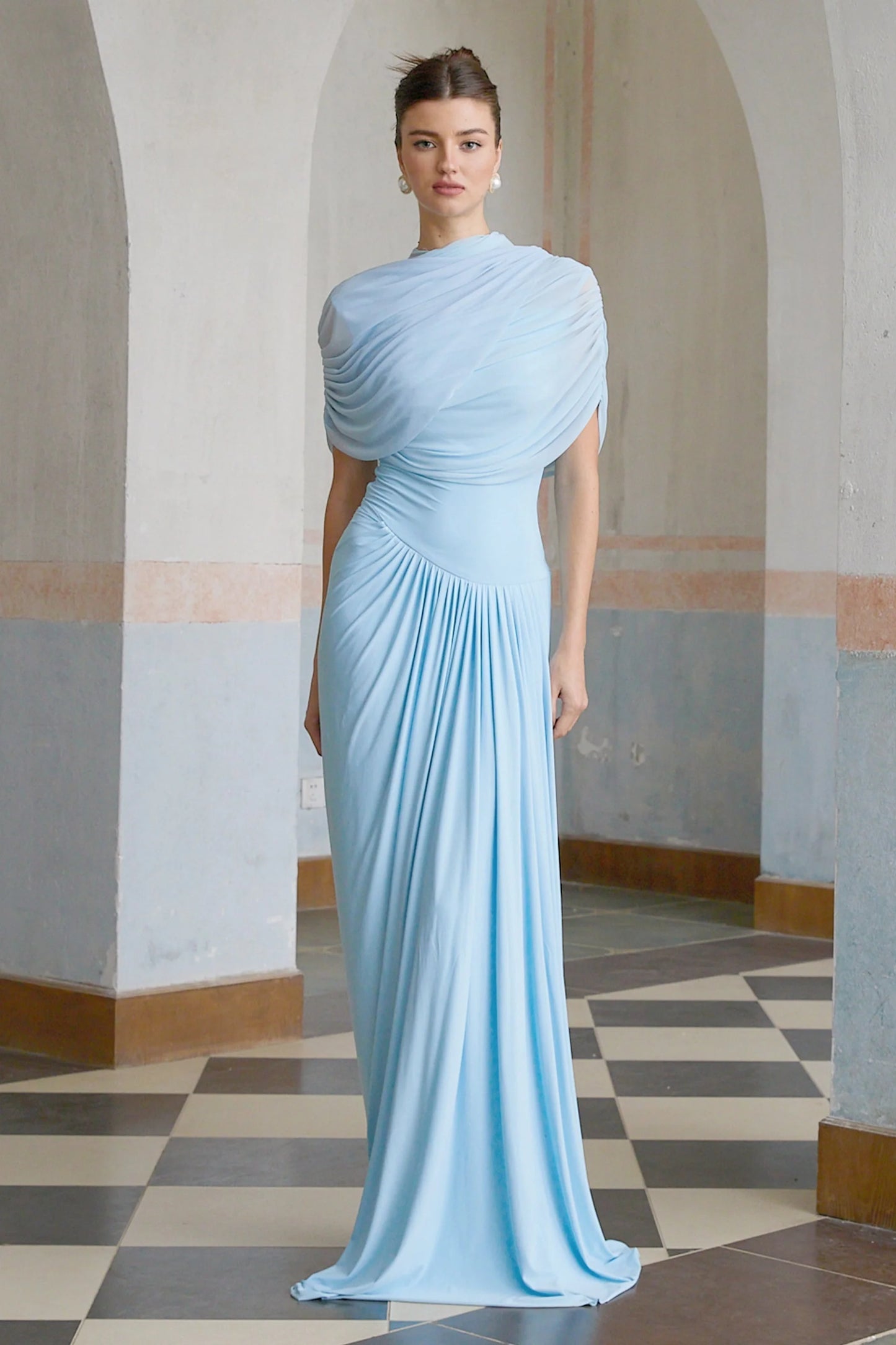 Queravie Asymmetrical Draped Evening Maxi Dress