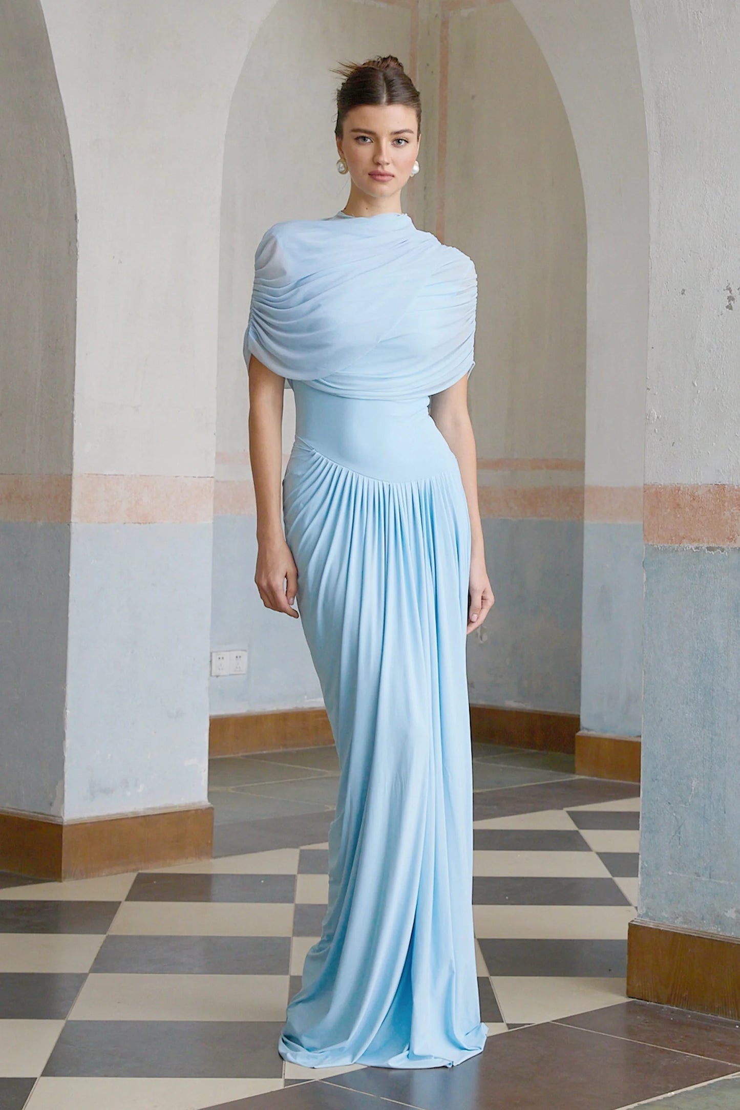 Queravie Asymmetrical Draped Evening Maxi Dress