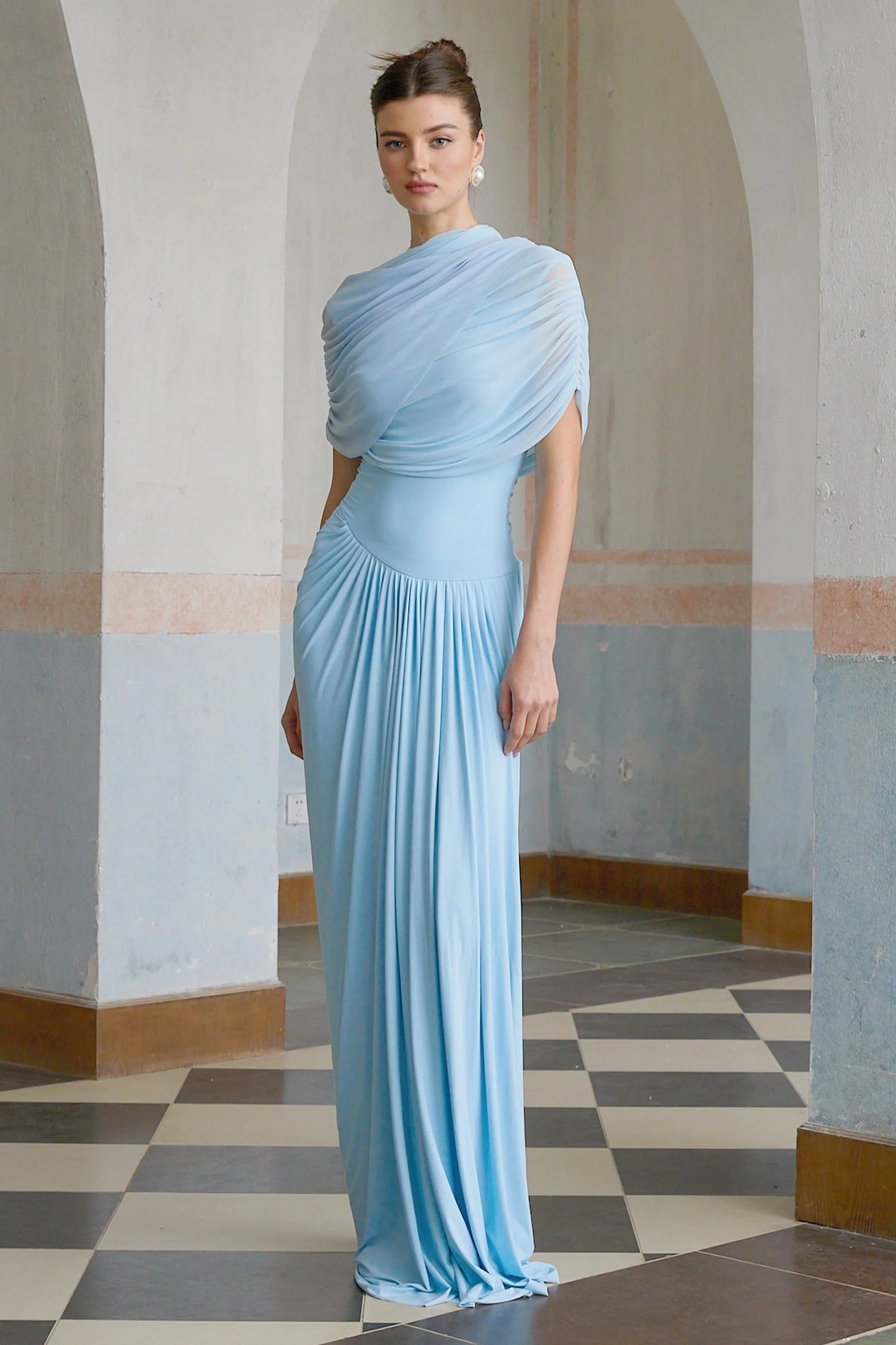 Queravie Asymmetrical Draped Evening Maxi Dress
