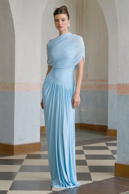 Queravie Asymmetrical Draped Evening Maxi Dress