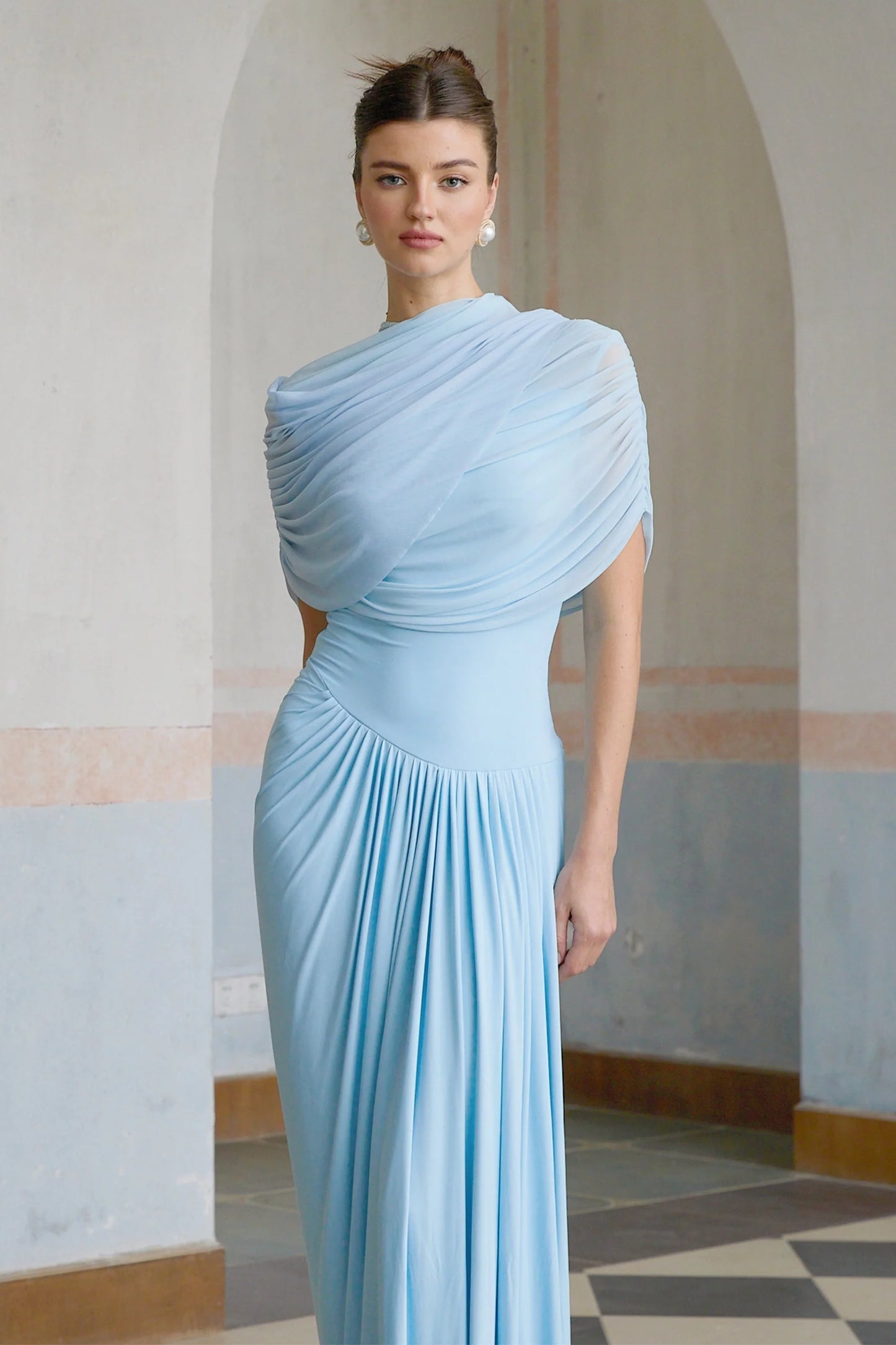 Queravie Asymmetrical Draped Evening Maxi Dress