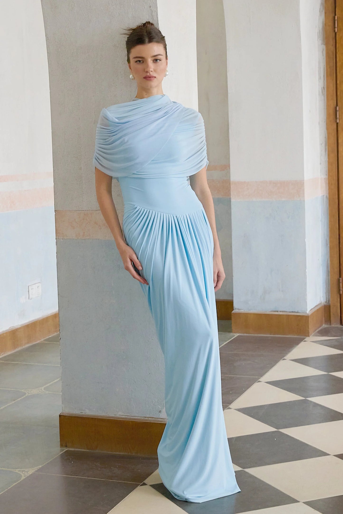 Queravie Asymmetrical Draped Evening Maxi Dress