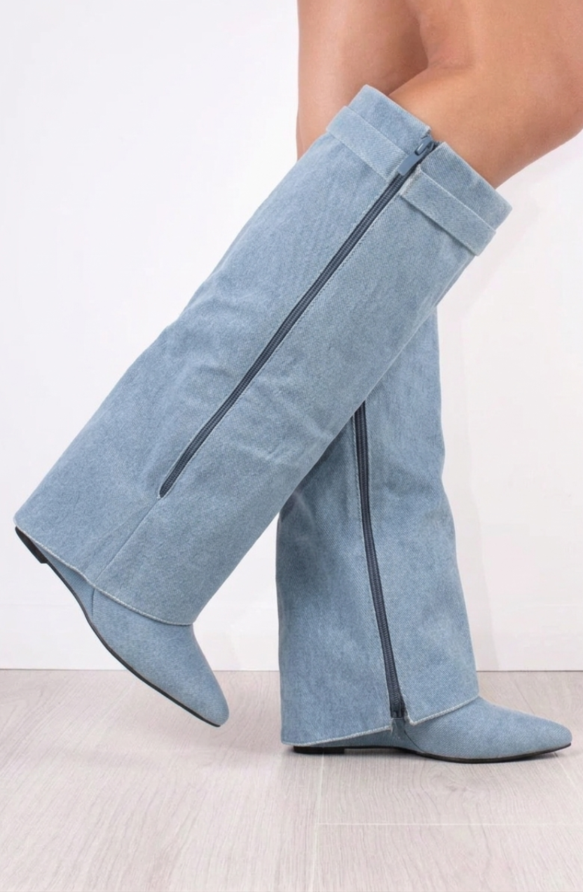 Valora Women's Knee-High Suede Boots, Block Heel Boots – Blue