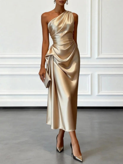Celestia One Shoulder Satin Wedding Guest Midi Dress