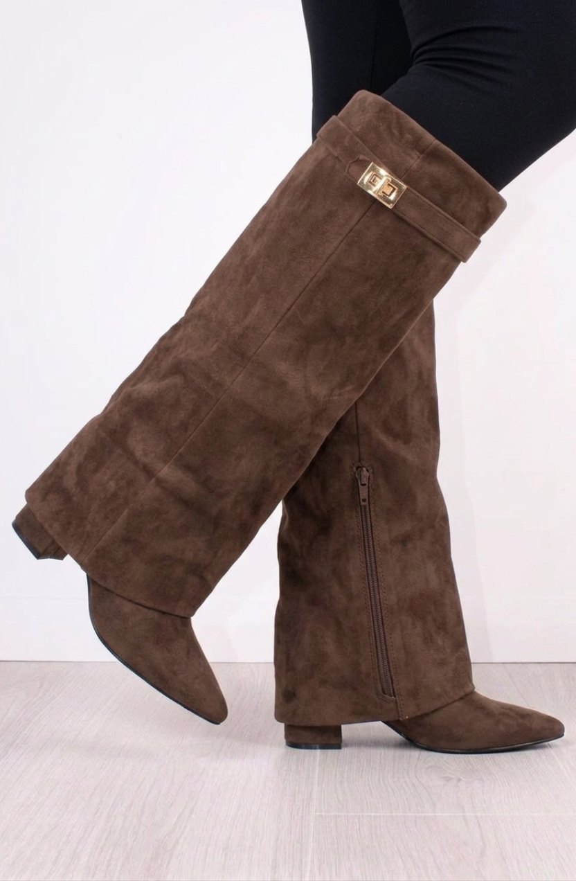 Valora Women's Knee-High Suede Boots, Block Heel Boots – Brown