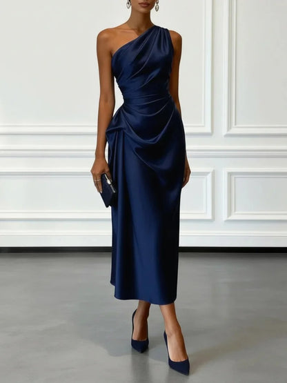 Celestia One Shoulder Satin Wedding Guest Midi Dress