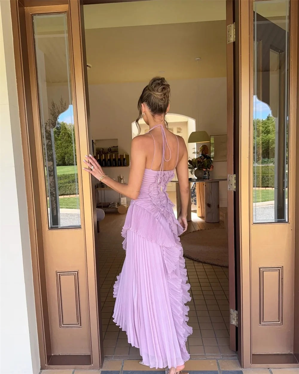 Isabelle Pleated Ruffle Halter Maxi Dress
